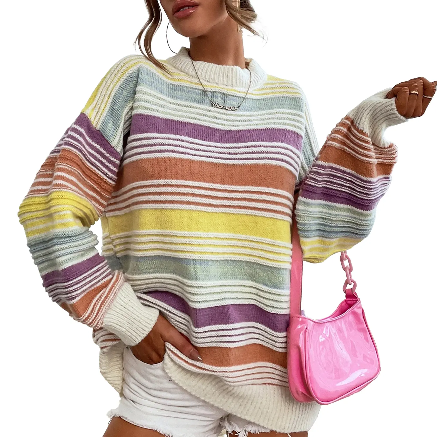 Hixiaohe Women's Rainbow Stripe Cable Knit Sweater, Casual Oversized Long Sleeve Crew Neck Pullover Top for Fall Winter, Knitwear