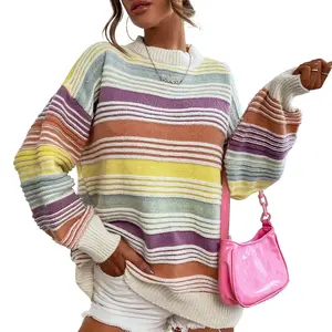 Hixiaohe Womens Striped Pullover Sweater Contrast Cable Knit Sweaters Casual Oversized Loose Fall Winter Outwear Tops