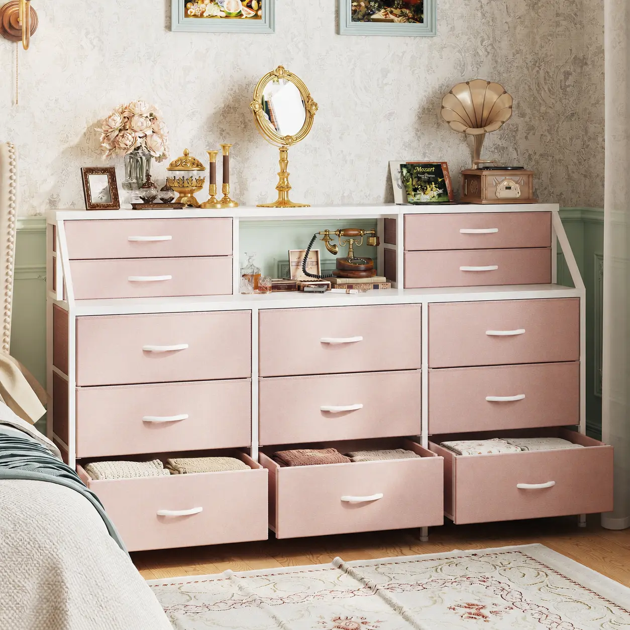 【Summer Sale】Raybee Pink Aesthetic Dresser for Bedroom & Closet, Cute 13 Fabric Drawer Storage Organizer Desk for Women Girls, Large Makeup Vanity Table with Display Shelf, Heavy Duty Wide Clothes Chest Storage Tower for Small Space Living Room Furniture