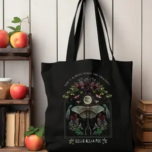 Edgar Allan Poe tote bag gift, lunar moth gothic tote, literary quote bookish gift, halloween dark academia vintage botanical tote gothic