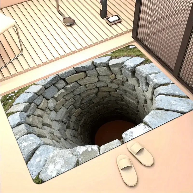 3D Optical Illusion Hole Door Mat, Realistic Deep Well Stone Design Flannel Rug, Funny Trick Eye Floor Mat, Soft Absorbent Non Slip Carpet for Entryway, Front Door, Bathroom, Bedroom & Home Decor, 16×24in / 20×31in / 24×36in