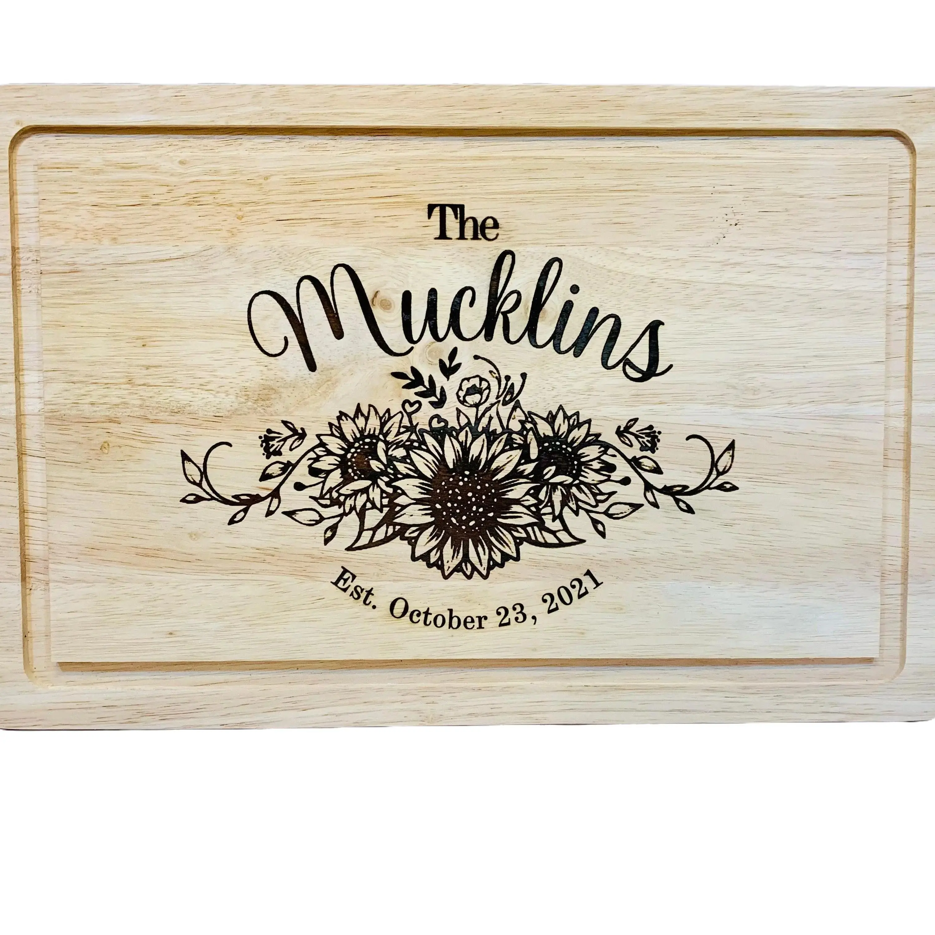 MixMatched Creations Sunflower Personalized Wedding Cutting Board Engraved Bamboo Chopping Board for Kitchen Custom Family Name & Date Dark Groove Large Size 15.75"x11.75" - Knives