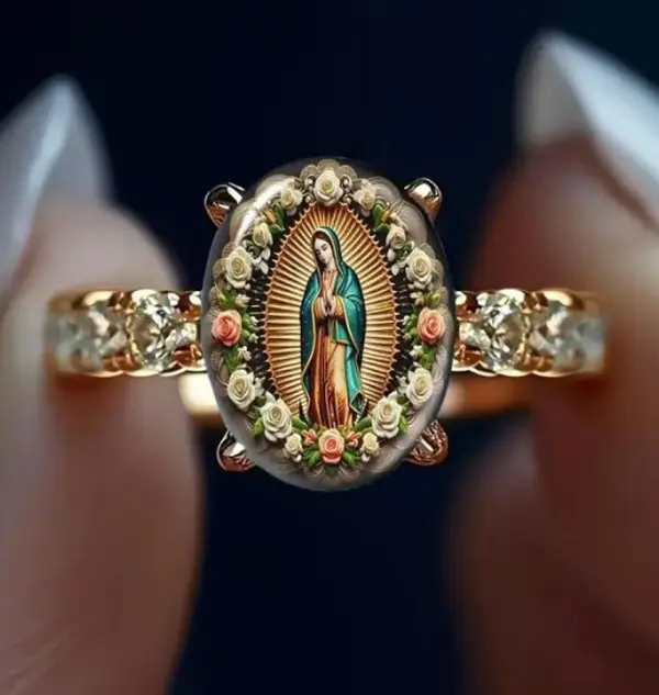 September Laurel  Vintage floral oval print ring featuring the Virgin Mary, with diamonds on both sides, conveying a sense of blessing and atmosphere.
