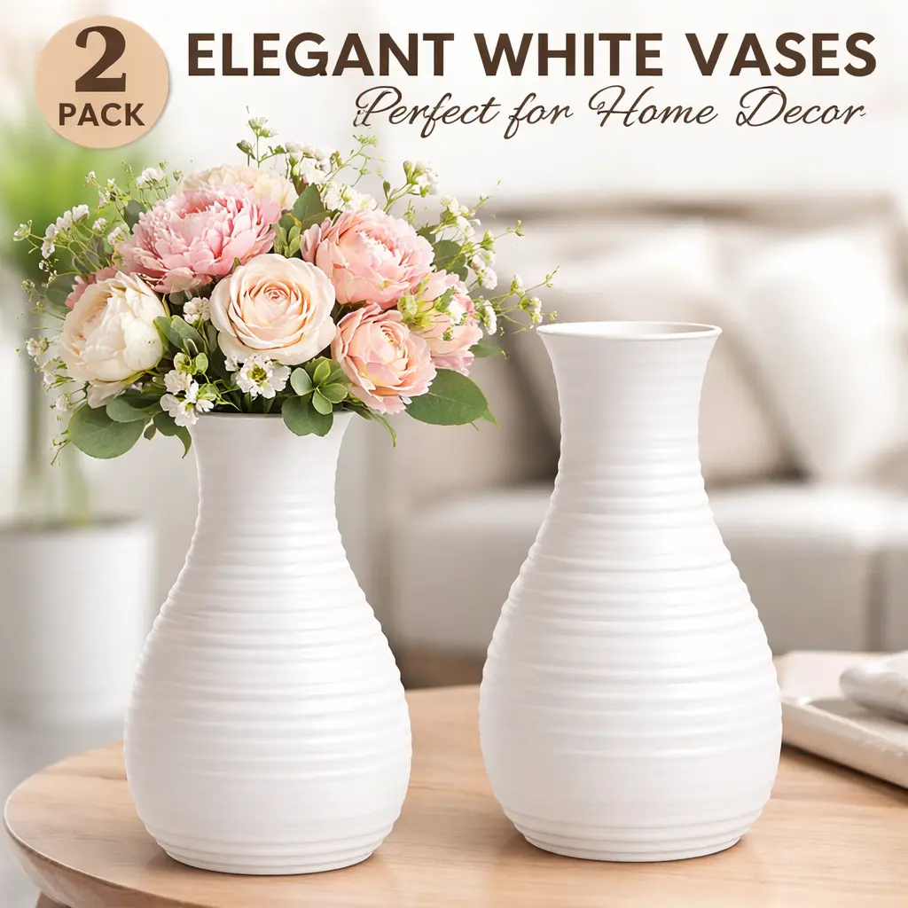 2-Pack Unbreakable Composite Plastic Vases (8 in) - Ceramic-Look Office Tabletop Decor Centerpiece, Lightweight Shatterproof Accent, Vases Only – Flowers Not Included