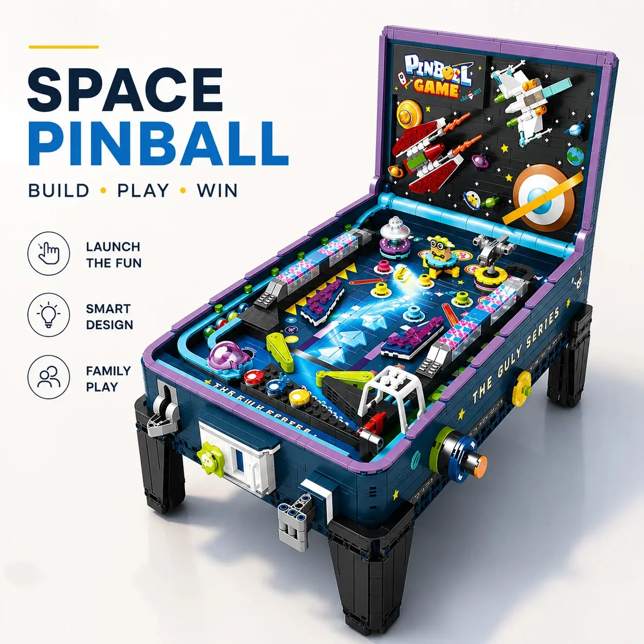 Retro Arcade Space Pinball Machine Toy Set with Buildings - LED Lights, Music, Mechanical Interactive Table, STEM Hands-On Learning Construction Gift for Kids, Win Feature Included, Led Lights And Music