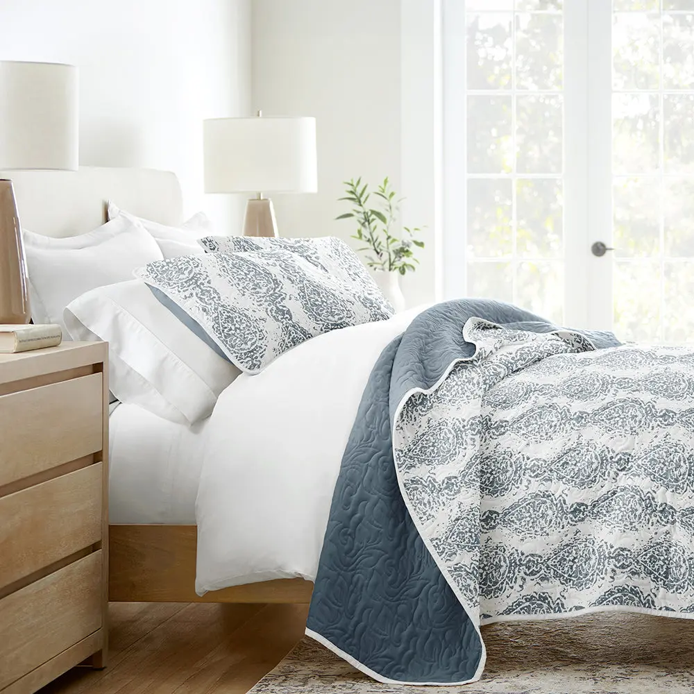 Distressed Damask Reversible Quilted Coverlet Set Distressed Damask Reversible Quilted Coverlet Set