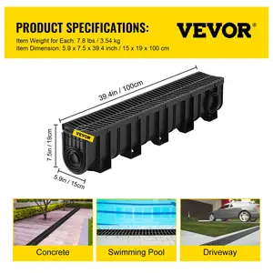 VEVOR Trench Drain System,  Channel Drain with Plastic Grate, 5.9x7.5-Inch HDPE Drainage Trench, Black Plastic Garage Floor Drain, 5x39 Trench Drain Grate, with 5 End Caps, for Garden, Driveway-5 Pack