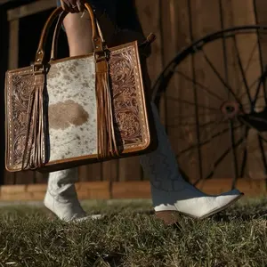 Cowhide Tooled Leather Tote Bag Handmade Purse Western Cowgirl Style with Intricate Floral Embossing and Brown Leather Accents