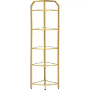5-Tier Corner Shelf Stand, Gold Corner Bookshelf, Tempered Shelves, Organizer, Corner Plant Stand, for Living Room, Study, Balcony, Home Office, Style, Gold GD15CJ01