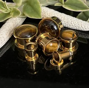 PAIR of Beautiful Tiger Eye Stone Dome Gold Steel Screw Fit Tunnels/Plugs - Gauges 2g (6mm) thru 5/8" (16mm)