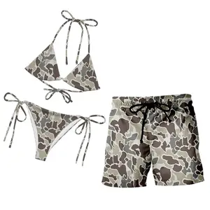 Matching Couple Swimwear - Heritage Duck Camo String Bikini & Men's Board Shorts Set Old School Hunting Style Outdoor Swimsuits, Quick-Dry Camouflage Beachwear for Lake & Boat Life, Country Couple Gift, Retro His
