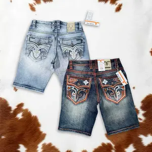 Y2K Men's Rock Revival Denim Shorts with Embroidered Back Pockets – Rock Revival For Men, Western Outfits, Streetwear Shorts, Y2K Style, Vintage Denim, Summer Outfit