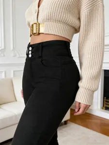 High Waist Button Slant Pocket Elastic Skinny Pants, Casual Leisure Wear for Music Festivals and Parties, Women's Fashion Jeans