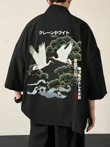 Men's Japanese Aesthetic Kimono Jacket, Breathable Graphic Crane and Wave Print, Casual Loose-Fitting Blouse for Daily Wear