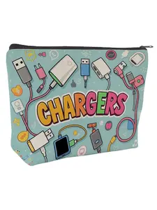 Playful Chargers Makeup Bag, Cartoon Smartphone & Colorful USB Cord Graphics, Zippered Tech-Themed Pouch for Electronics or Beauty Essentials
