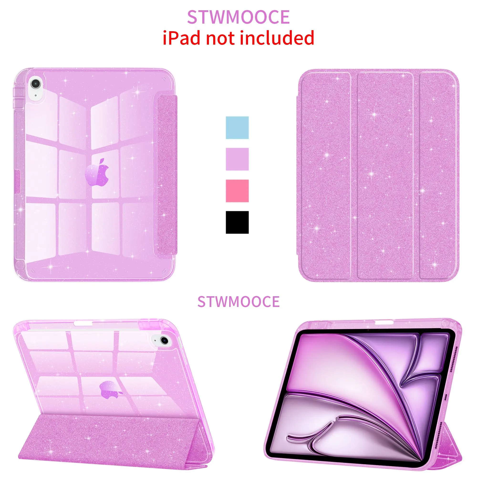 STWMOOCE Glitter Transparent iPad Case, Tablet,Sparkly Crystal Clear Shell with PU Leather Magnetic Tri-Fold Protective Cover for iPad 10.2 7/8/9th, iPad 10th/A16, iPad Air 4/5, iPad Air M2/M3/M4 11/13-inch, iPad Pro 11/13 M4/M5, iPad Pro 12.9 3-6th, Pink