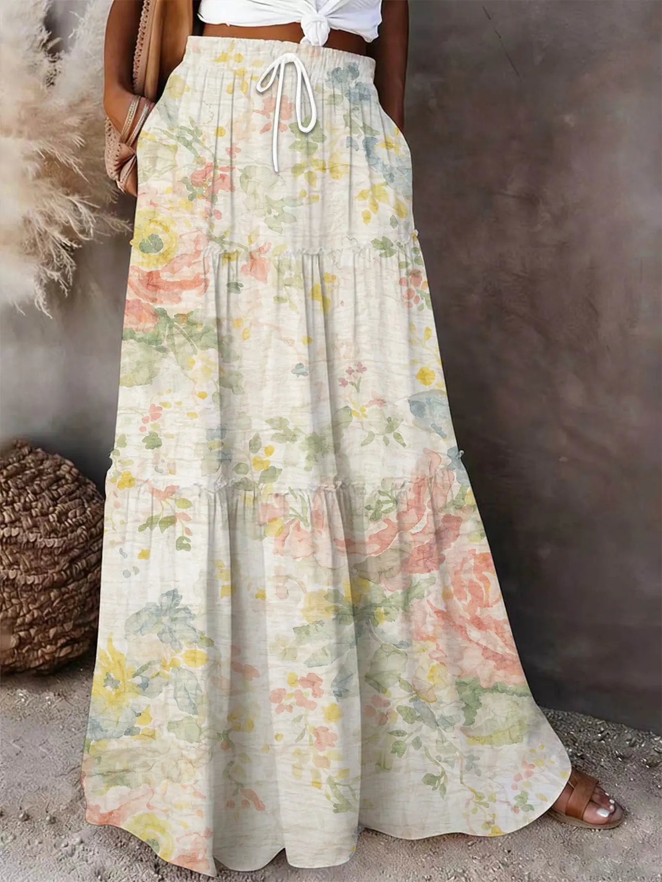 Vintage Watercolor Floral Print Maxi Skirt | Boho Tiered Skirt Bohemian Long Skirt