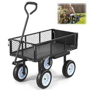 fathersdaygift VEVOR Garden Cart with Seat, 500 LBS, Rolling Steel Garden Work Seat with Wheels, Heavy Duty Gardening Stool, with Tool Tray Adjustable Handle, Outdoor Yard Wagon, for Lawn, Patio, Backyard, Black