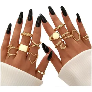 12 Gold Stackable Rings Set for Women,   Open Stacking Knuckle Ring, Adjustable Chunky Signet Rings for Gift