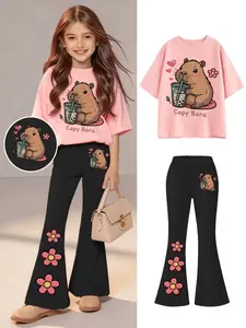 Girls' Two-Piece Set, Watermelon Milk Tea Heart Flower Pattern Long Pants & Short Sleeve T-Shirt, Casual Fitted for All Seasons Flare, Summer Clothing Set