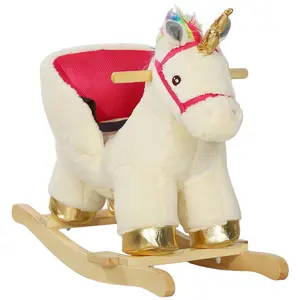 Qaba Kids Rocking Horse, Ride on Unicorn with Realistic Sounds, Safety Belt & Wooden Base, Plush Rocking Horse for Toddlers 18-36 Months, Cream White