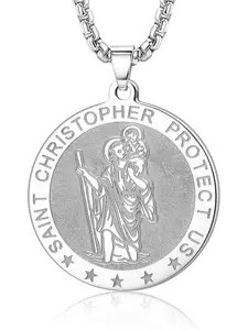Stainless Steel St Christopher Charm Necklace for Men Saints Protect Us Pendant Necklace Silver Gifts for Men Women