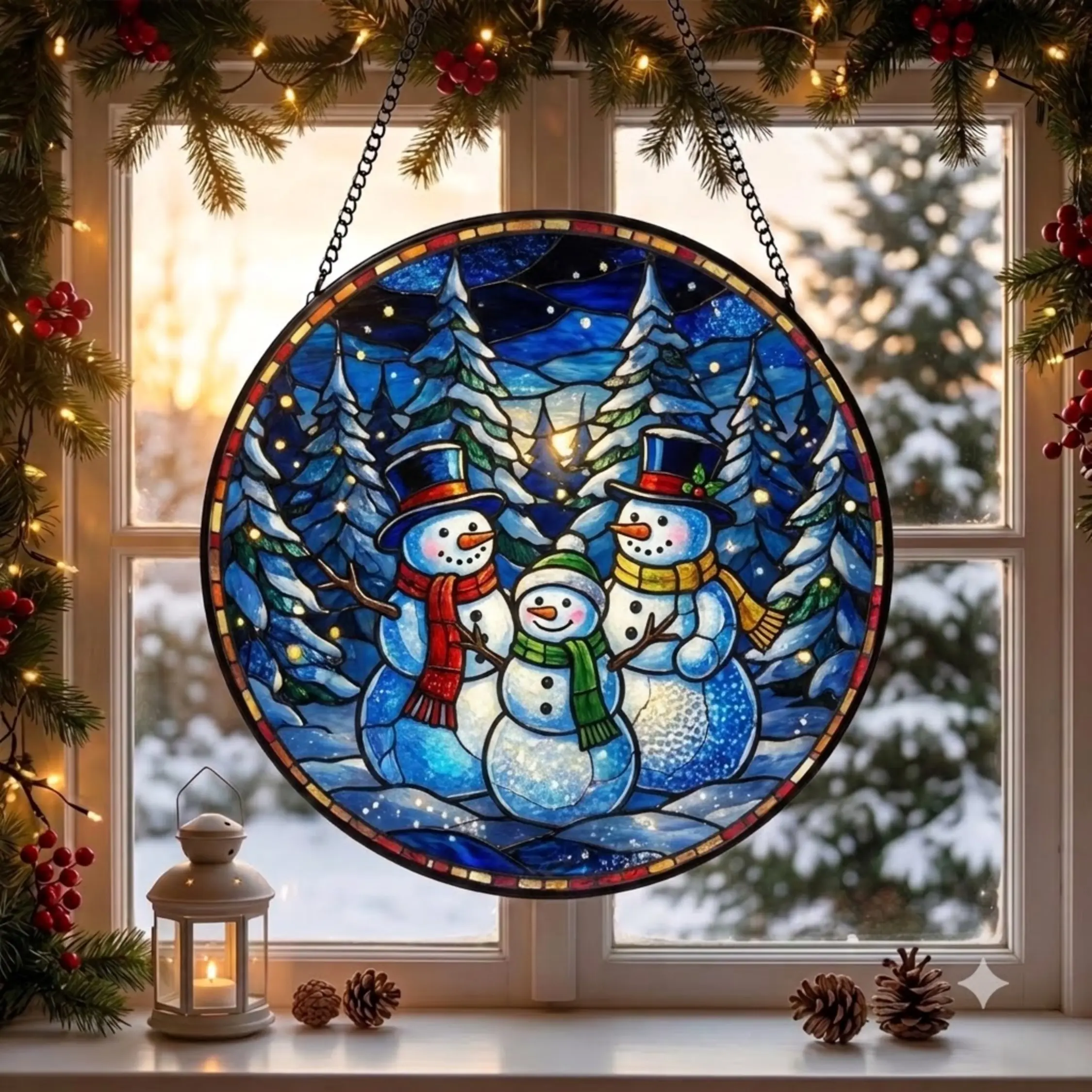 Snowman Family Stained Glass Suncatcher Round Window Hanging Christmas Winter Snow Forest Glass Panel Holiday Home Decor Gift