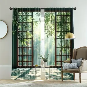 2 Piece Bamboo Forest Window Pattern Printed Curtains, Stylish Rod Pocket Design for Bedroom and Living Room, Easy to Install for Cafes and Offices