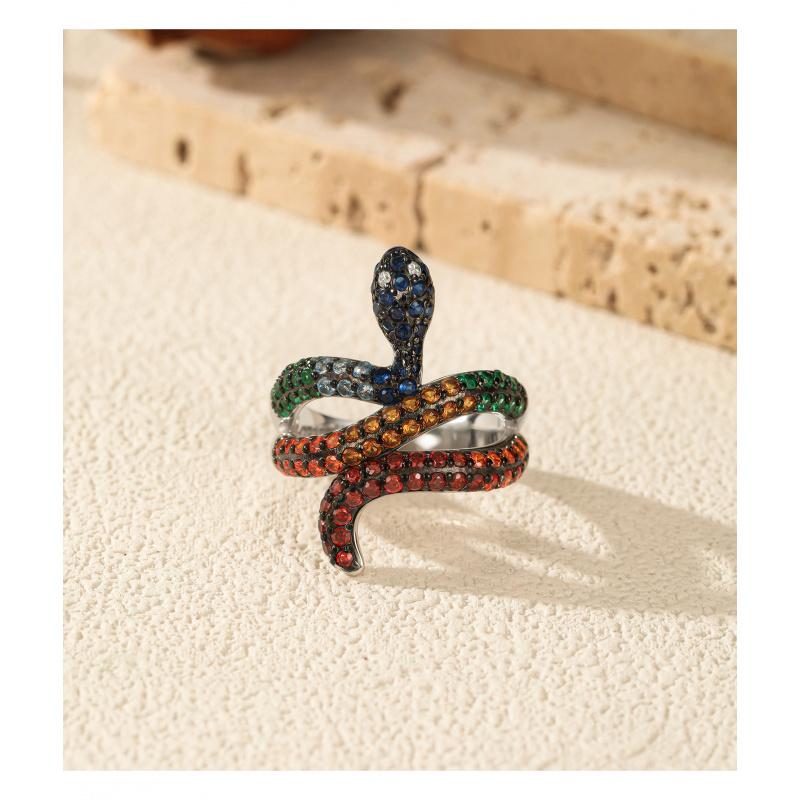 Colorful CZ Snake Ring S925 Sterling Silver Sweet Cool Style Women's Statement Jewelry Adjustable Size for Daily Wear