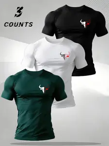 Men's Bull Print Sporty T-Shirt, Stretch Quick-Dry, Summer Fitness Training, Breathable Short Sleeve Top, Fitted Animal Pattern, Sports Tops