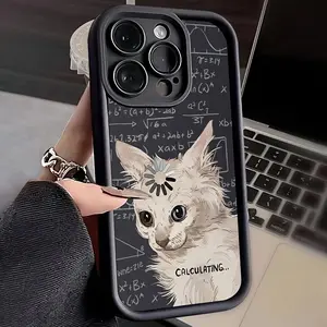 Thinking Cat Shock-Absorbing Black Matte All-Inclusive Anti-Fall TPU Case for iPhone 17 Pro Max 16 16e 15 14 Plus 13 12 Mini 11 Air X XS Straight Edge Drop-Resistant Rugged Durable Cover Shell Gift