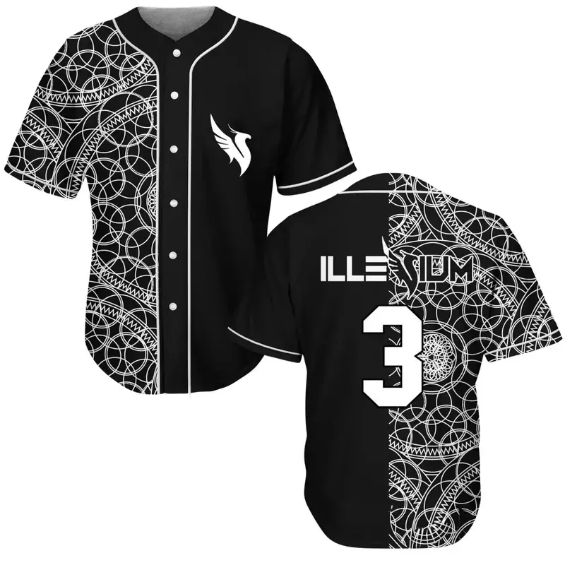 Black Illenium Geometric Split Baseball Jersey, EDM Festival Jersey Shirt, Rave Fan Apparel