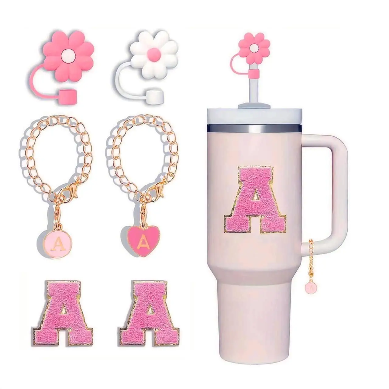 Personalized Charm Set for Tumbler Cups Accessories 30&40 Oz (No cups), Including 2 Straw Cover, 2 Initial Letter Charm & 2 Chenille Letter Patches, S