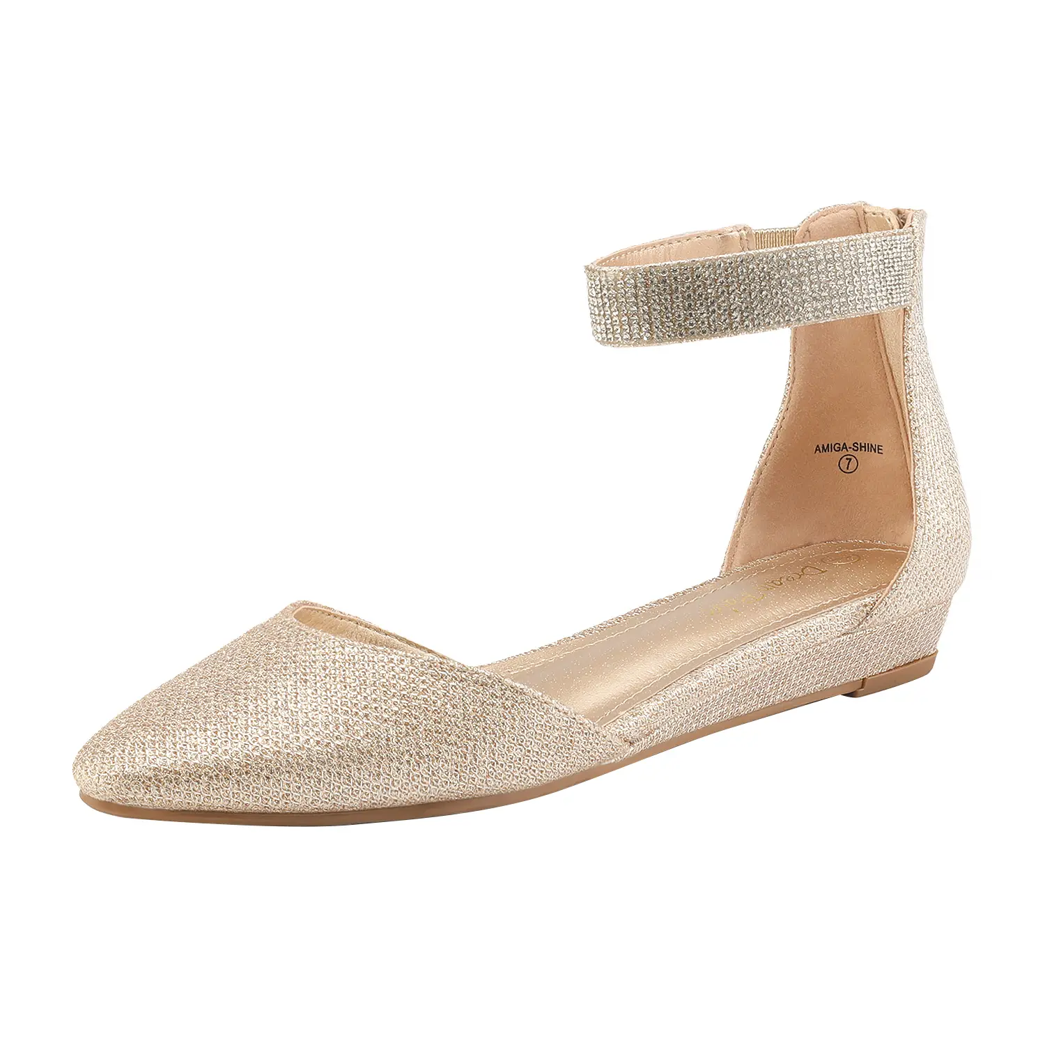 Dream Pairs Women's Pointed Toe Low Wedge Shoe - Rhinestone Ankle Strap with Cushioned Footbed and Rubber Sole, Elegant, Footwear, Comfortable Heels, Zip Closure, Tpr Rubber, 1 In, All Seasons, Casual Wear, Cushioned Foot-Bed