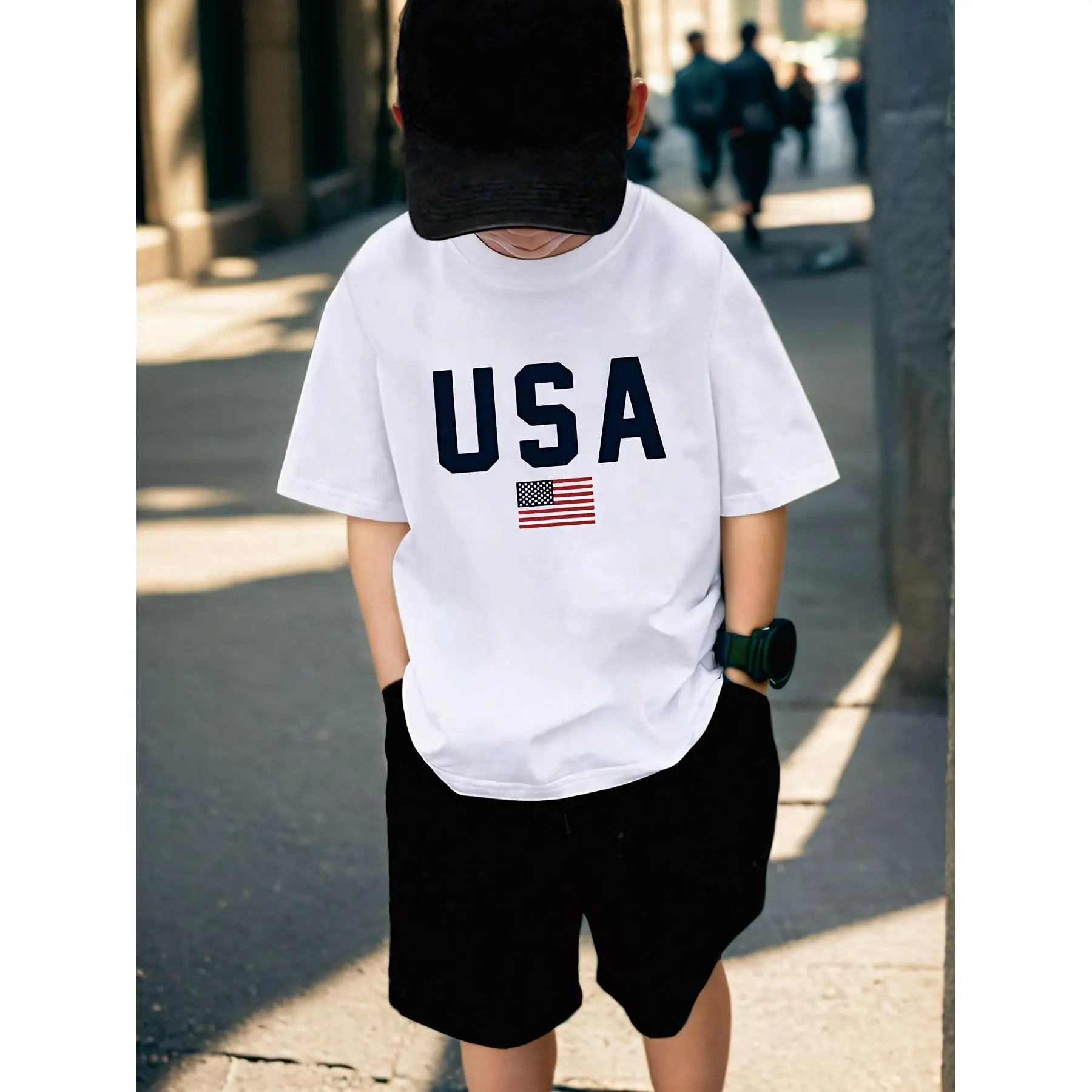 Boys' USA Flag Print Short Sleeve Crew Neck Sporty Sports Top - Casual Summer Wear for Teens, Suitable for Daily Use & Outdoor Activities, Sporty Sports Tops