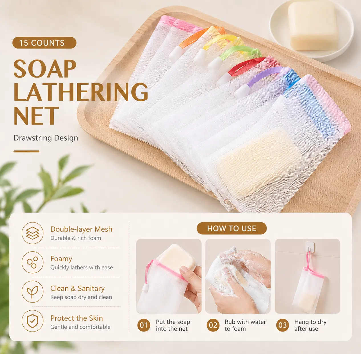 15-Pack Foaming Mesh Soap Bags, Exfoliating Soap Saver Pouches with Drawstring, Hanging Soap Holder Bags for Bath, Shower, Face & Body Cleansing