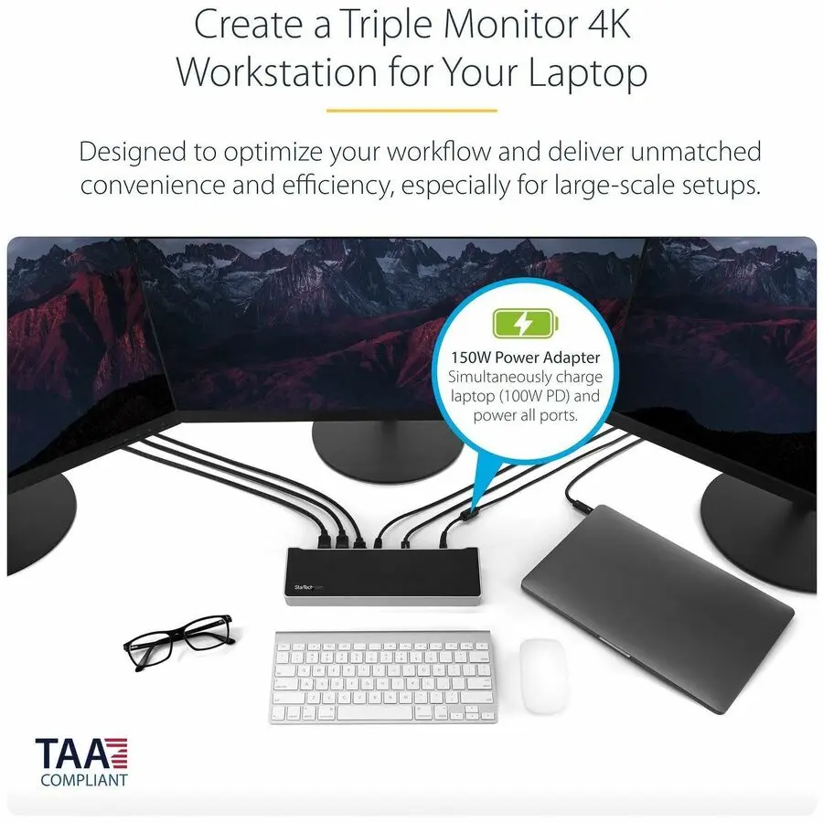 StarTech.com 4K USB-C Dock, Triple UHD 4K Monitor Docking Station, Mac & Windows, HDMI & DisplayPort, 100W PD, 5x USB 5Gbps Hub, TAA