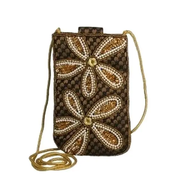 Women's Brown and Gold Floral Embroidered Beadwork Crossbody Bag - Adjustable Strap, Multi-Compartment, Spacious, Chic, Elegant, Minimalist, Street Style, Ideal for Boho Outfits, Holiday Parties