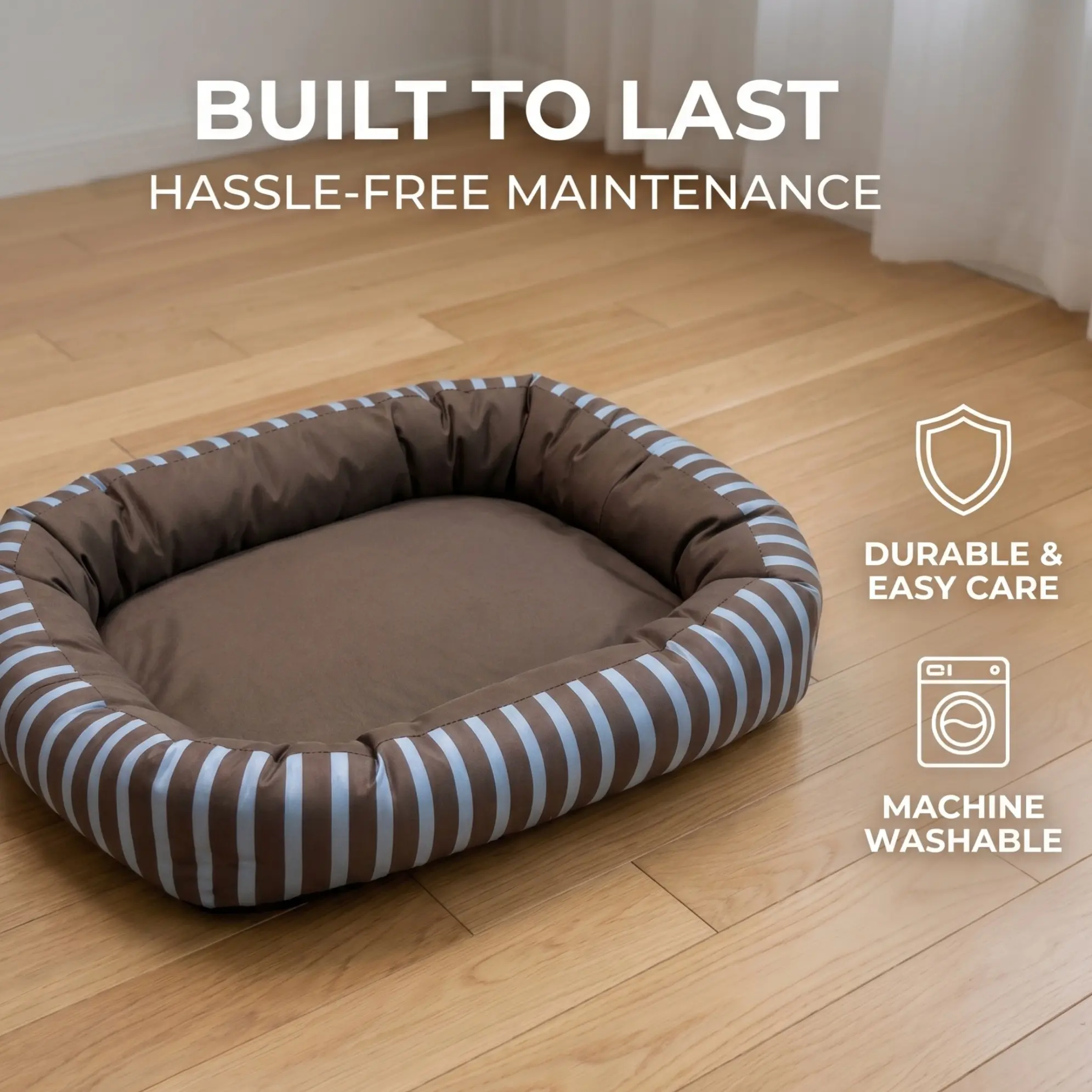 Comfortable striped pet dog bed with soft support cushion, suitable for dogs and cats, durable washable mat, multiple size options available