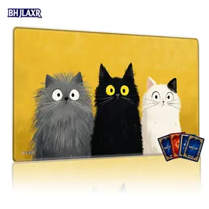 Three Cartoon Cats Stand Side by Side MTG Playmat - 12x24in Non - Slip, Ideal for TCG Card Game Enthusiasts, Perfect for Family Gatherings and Gift Giving