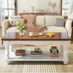47" Farmhouse Coffee Tables with Solid Wood Legs, Rustic Rectangle Center Tables for Living Room, Vintage living Room Table,Easy Assembly