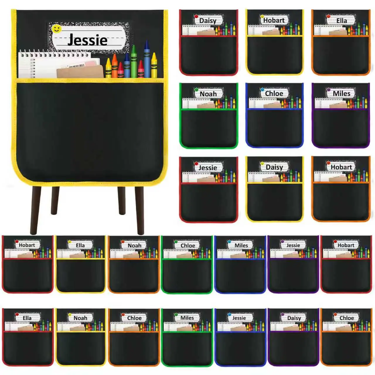 24-Pack Bright Classic Classroom Chair Back Organizer Bags with Name Plate, Books Storage Pockets for Daily Student Desk Supplies, Classroom Bulk Gifts for Teachers, Durable, Fits Most Chairs