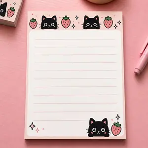 Strawberry Kitty Notepad | Kawaii Black Cat Memo Pad, 5x7 Inches, 50 Pages