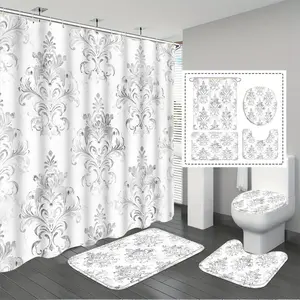 Vintage Silver Floral Shower Curtain Set, High-Quality Curtains with 12 Hooks, Non-Slip Mat, Toilet Pad, U-Shaped Pad, Modern Bathroom Accessories