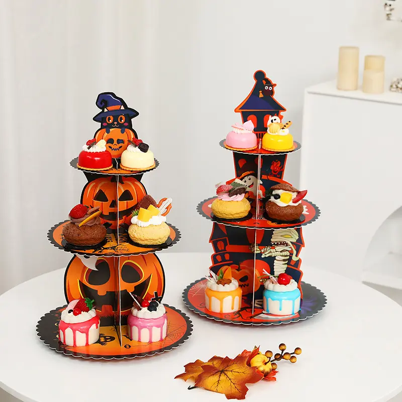 Halloween Pumpkin Multi-Layer Cake Stand Decor, 3D Paper Cake Tray Party Snack Display Rack, Halloween Decoration Supplies