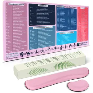 Excel Cheat Sheet Desk Pad Set, 3- XXL Shortcut  Pad with Keyboard and Wrist Rests, Non-Slip Office Mat, 35.5 x 15.8 in, Blush