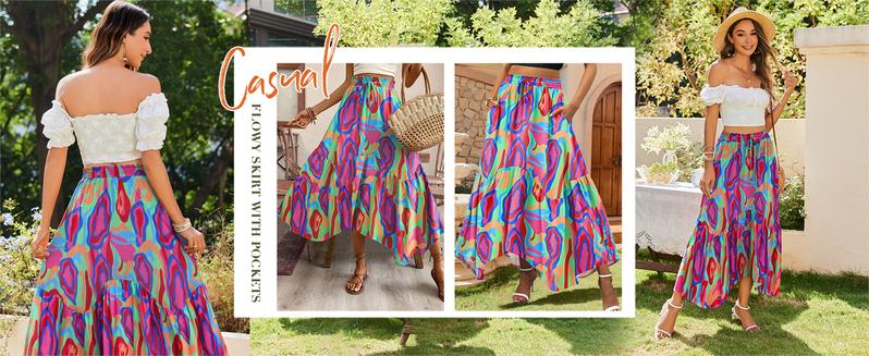 ZEAGOO Long Skirts for Women High Waist A Line Skirt Casual Flowy Tiered Skirt with Pockets Summer Floral Boho Skirt