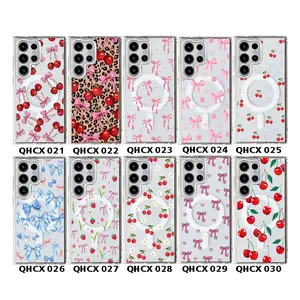 Pink blue bow phone case for S26 , cute cartoon cherry protective case for Glaxay S22, 23, 24, 25, 26 Ultra ProMax, anti-slip and shockproof full coverage S24FE magnetic phone case.