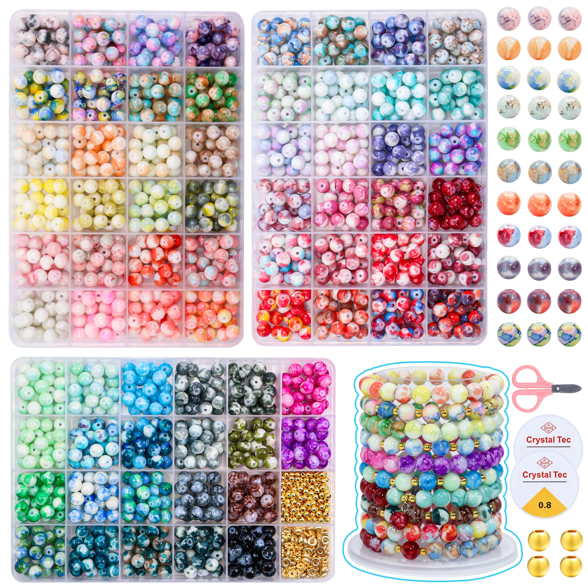 8mm Glass Beads for Bracelet Making Kit, 1600PCS Round Solid Bead Mix with Oil Paint Dyed Finish, Crystal Gemstone Beads for DIY Jewelry Making Supplies for Adults and Kids, Christmas Crafting Beads Set