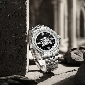 Men’s Luxury Mechanical Statement Watch, Crystal-Encrusted Bezel with Heraldic Crest Dial, Premium Stainless Steel Bracelet, Bold Premium Gift for Him for Formal Events & Special Occasions